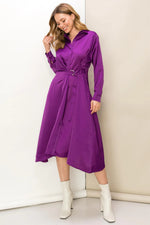 Lavender Haze Purple Satin Belted Midi Dress