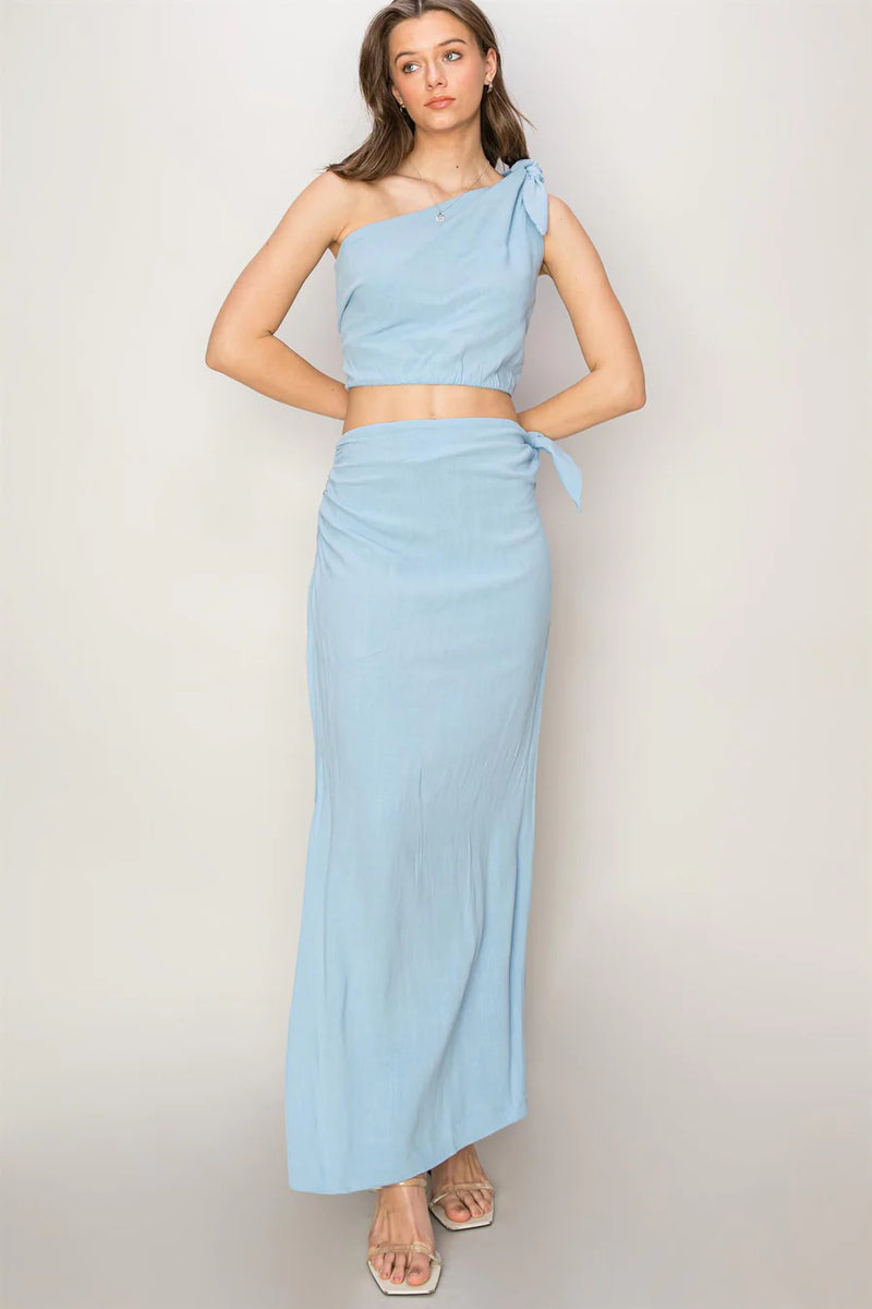 Mila Blue Linen One Shoulder Crop Top