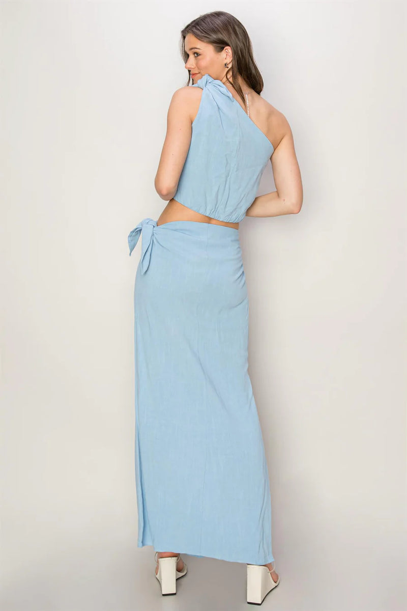 Mila Blue Linen One Shoulder Crop Top