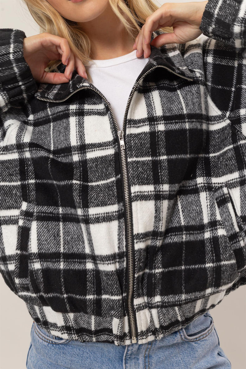 Black/White Plaid Zip Up Jacket