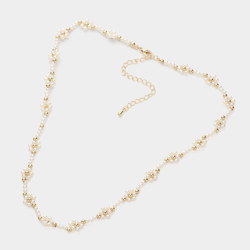 Pearl Beaded Flower Station Necklace