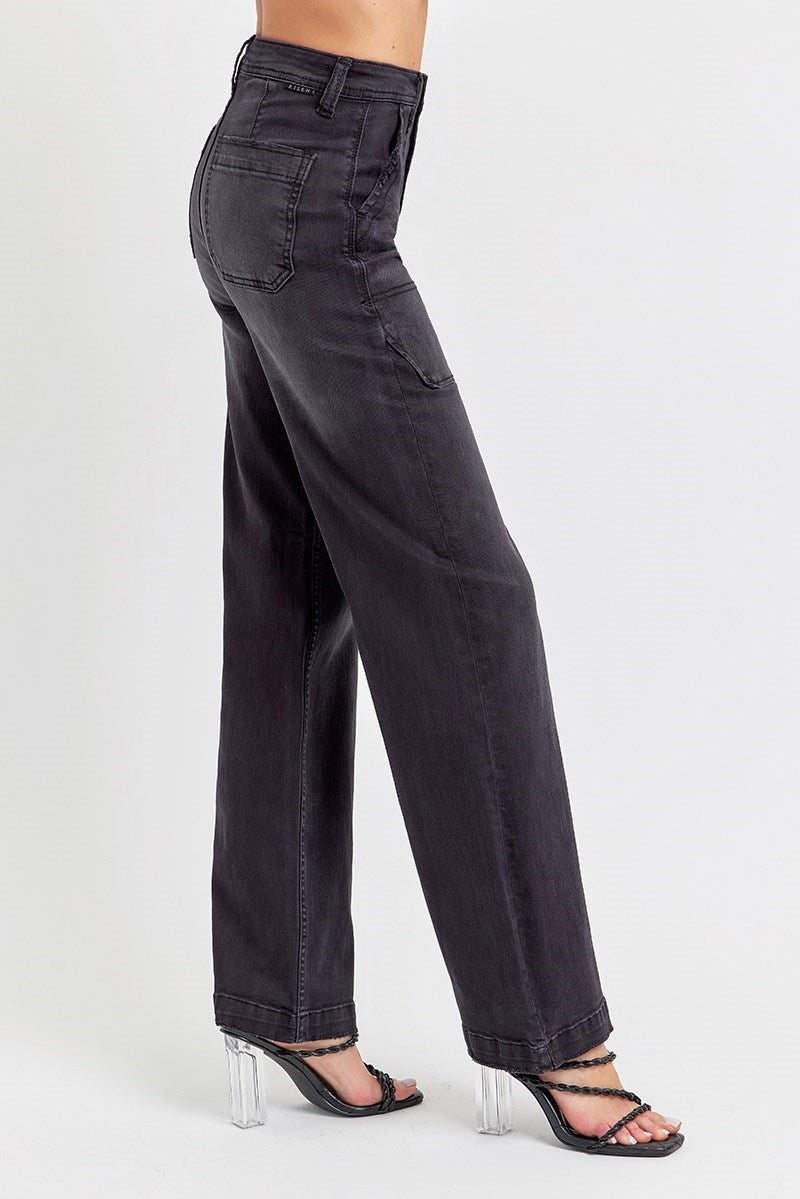 High Rise Black Wide Cargo Pants