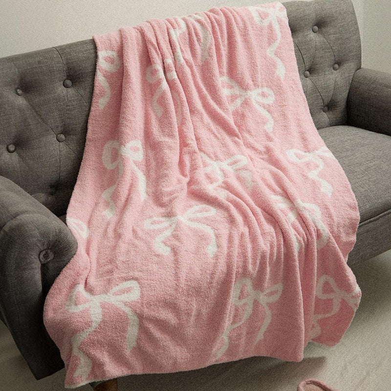 Reversible Pink/White Bow Fuzzy Blanket