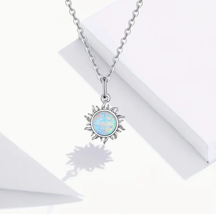 Sterling Silver Opal Sun Pendant Necklace