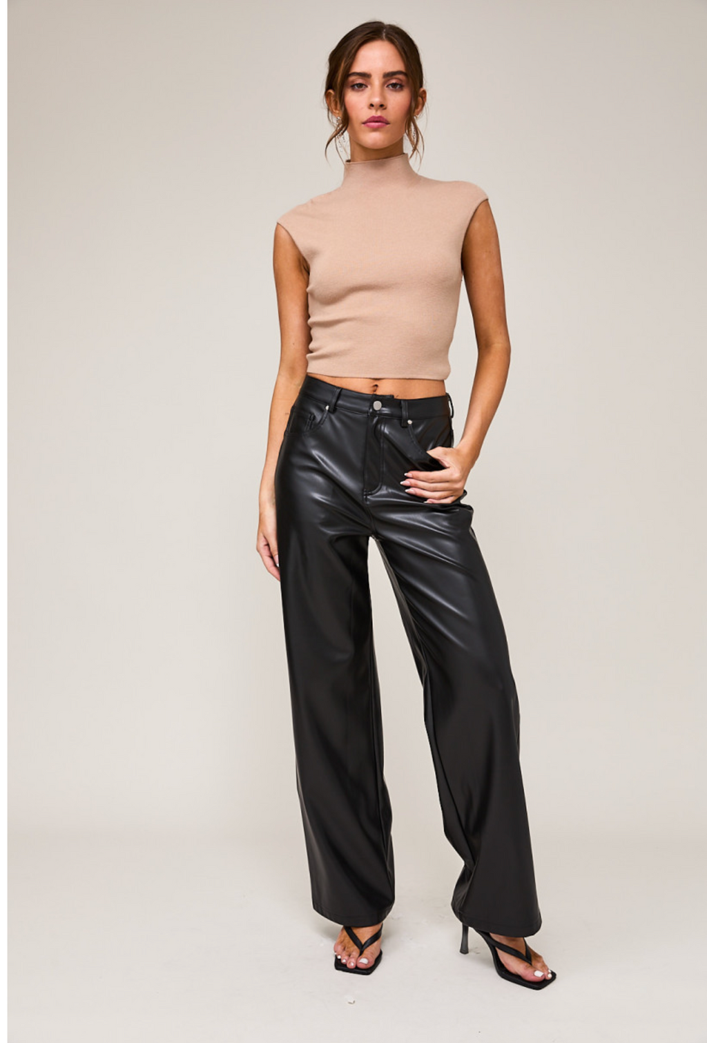 VILIGO Black Faux Leather Pants for Women Petite Button