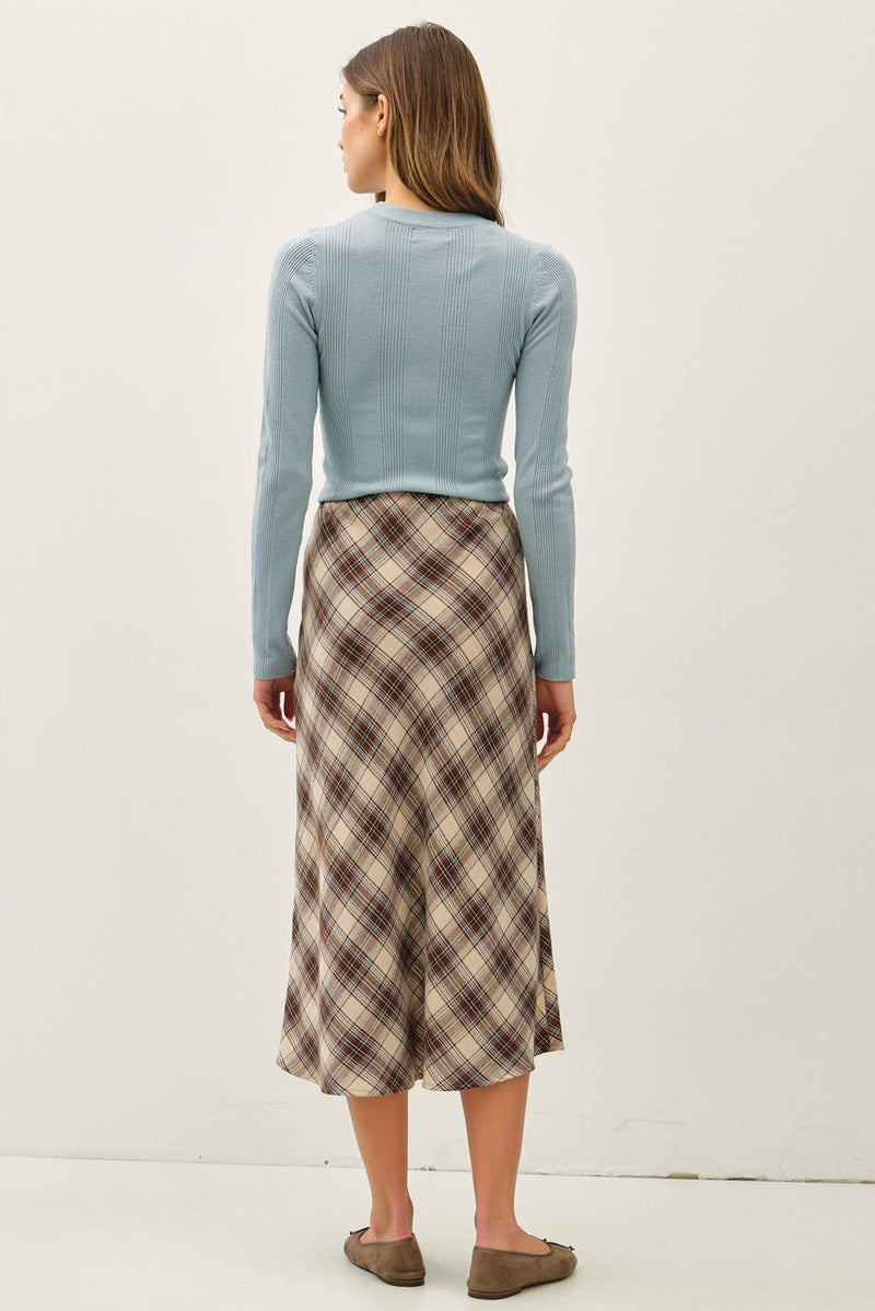 Brown Irish Plaid Print Midi Skirt