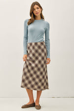 Brown Irish Plaid Print Midi Skirt