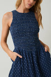 Smocked Polka Dot Denim Midi Dress