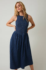 Smocked Polka Dot Denim Midi Dress