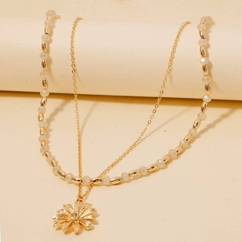 Flower Pendant Mixed Beaded Layered Necklace \ White or Teal