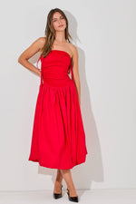 Strapless Low Waist Cinched Midi Dress