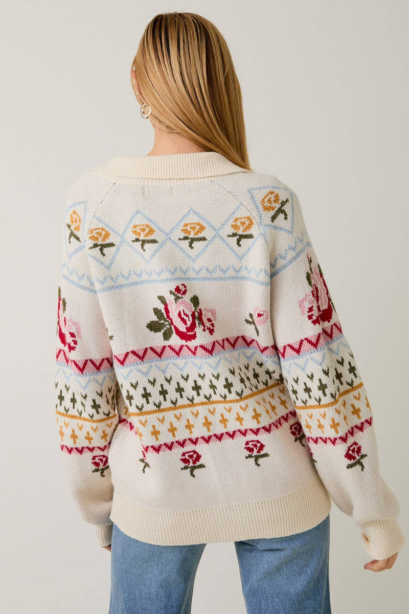 Button-up Flower Pattern Knit Sweater Cardigan