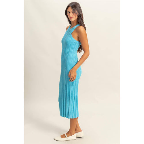 Blue Maya Round Neck Bodycon Ribbed Knit Dress
