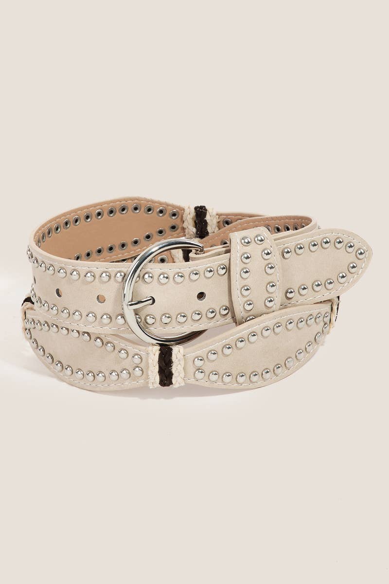 Studded Western Trim Ivory Faux Leather Wavy Belt