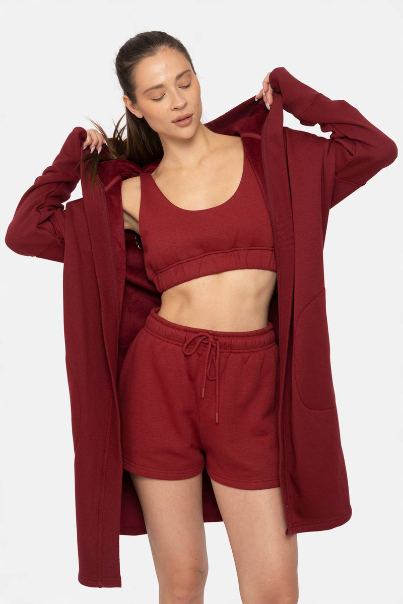 Red Wine Open Front Longline Hoodie Cardigan with Fleece Lining