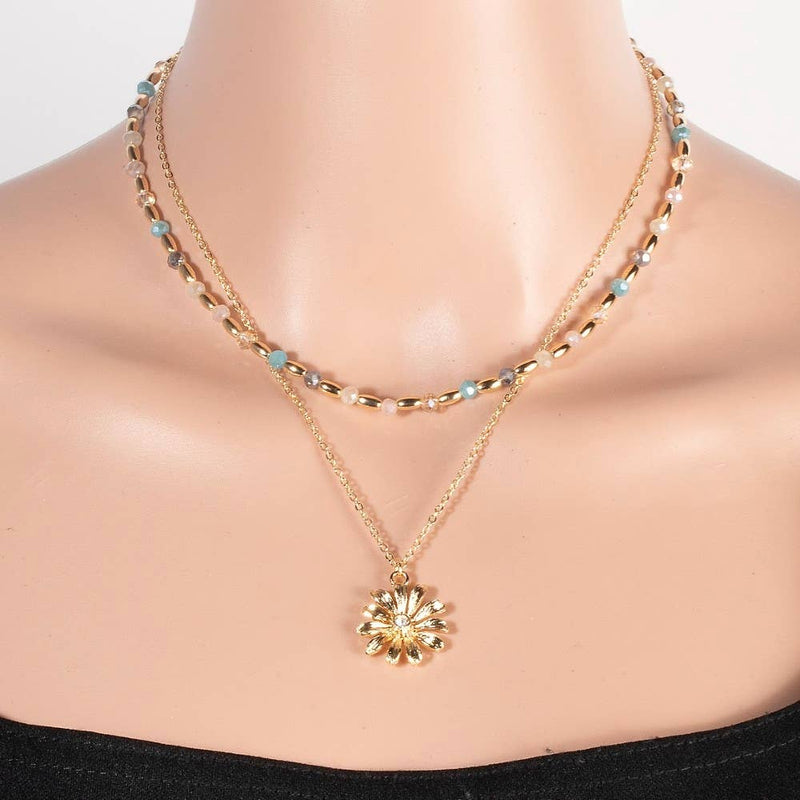 Flower Pendant Mixed Beaded Layered Necklace \ White or Teal