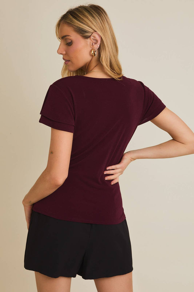 Wine V Neck Ruffle Top