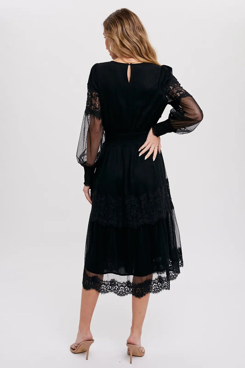 Lace Trim Mesh Midi Dress