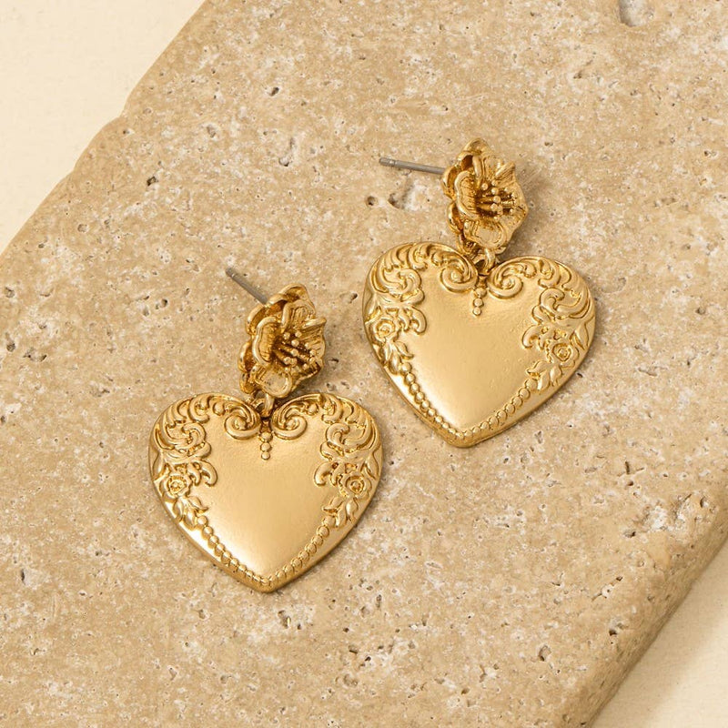 Flower & Engraved Ornante Heart Dangle Earrings