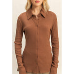 Brown Textured Long-Sleeve Button-Down Shirt