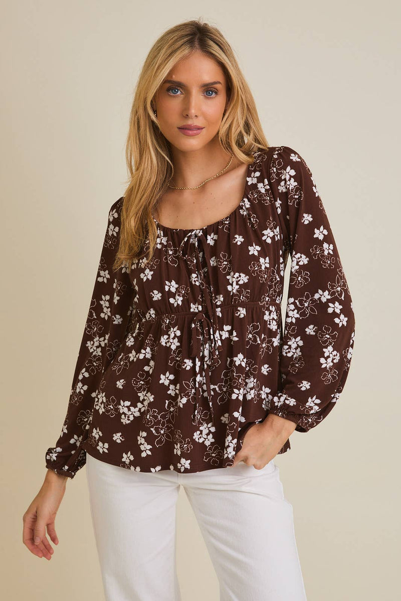 Brown Cream Floral Tie Top