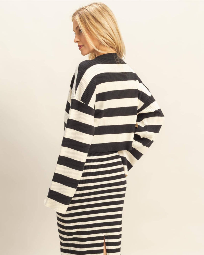 Black White Striped Sweater Cardigan