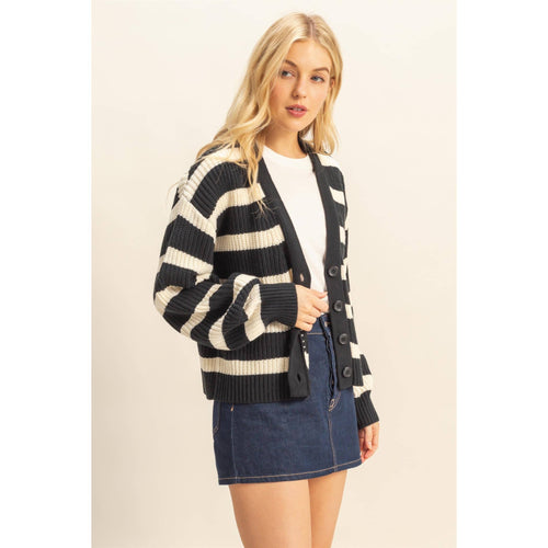 Striped Black & White Sweater Cardigan With Button Front