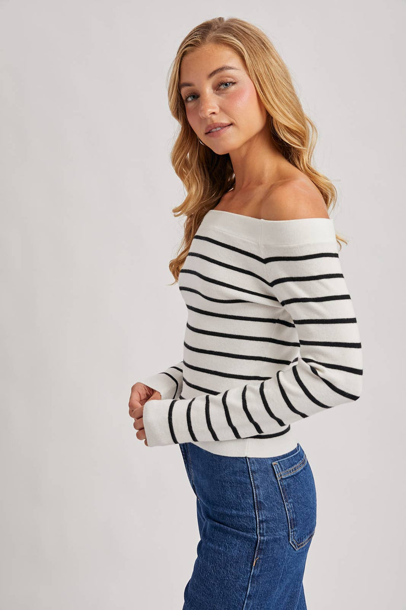 Black & White Striped Off The Shoulder Sweater Top