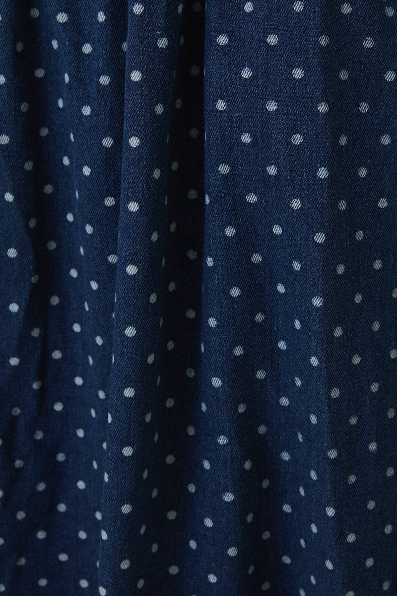 Smocked Polka Dot Denim Midi Dress