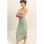Sage Green Scoop Neck Side Tie Detail Midi Dress