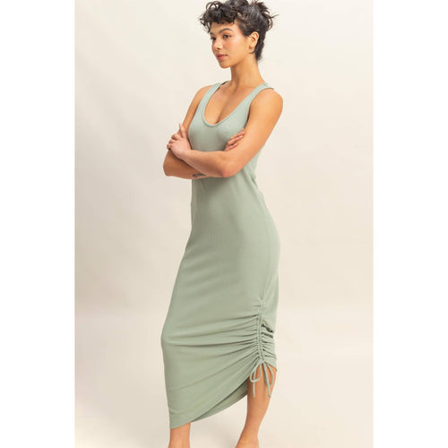 Sage Green Scoop Neck Side Tie Detail Midi Dress
