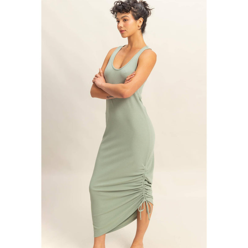 Sage Green Scoop Neck Side Tie Detail Midi Dress