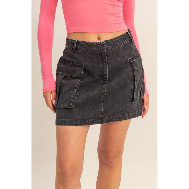 Mineral Washed Black Cargo Mini Skirt