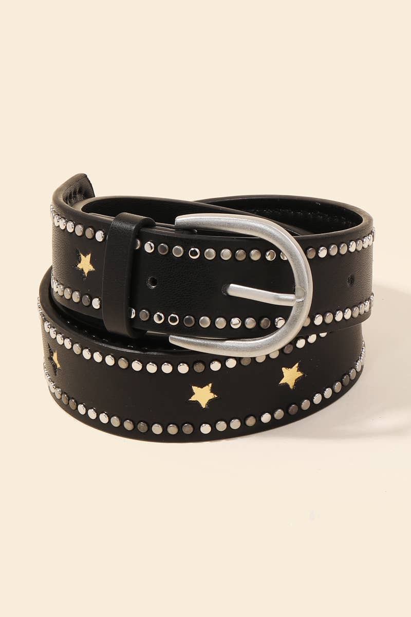 Studded Trim Faux Leather Black Belt