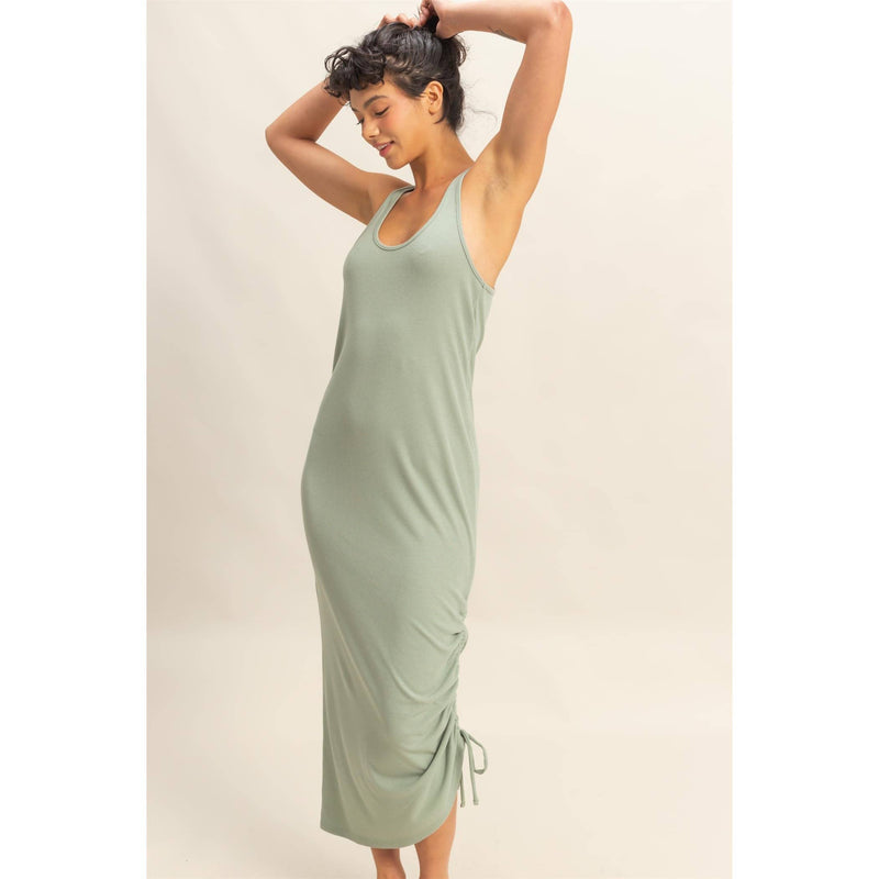 Sage Green Scoop Neck Side Tie Detail Midi Dress