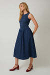 Smocked Polka Dot Denim Midi Dress