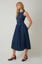 Smocked Polka Dot Denim Midi Dress