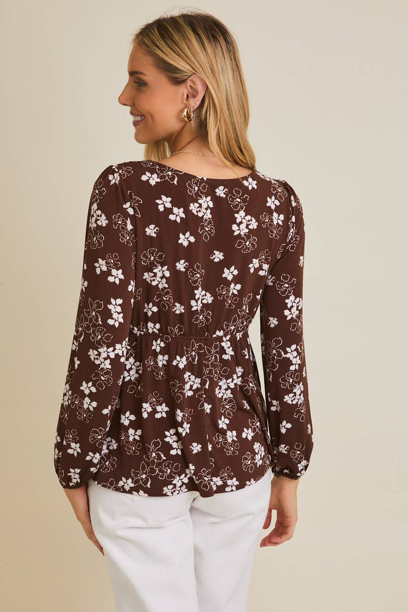 Brown Cream Floral Tie Top