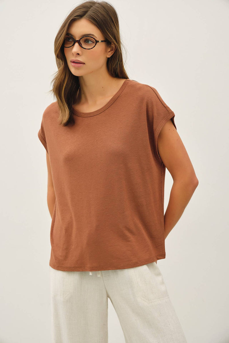 Clay Linen Basic Cap Sleeve Top