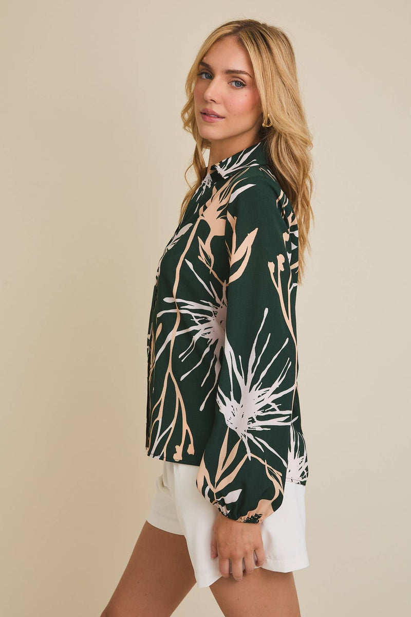 Collared Dark Green Floral Button Up Top