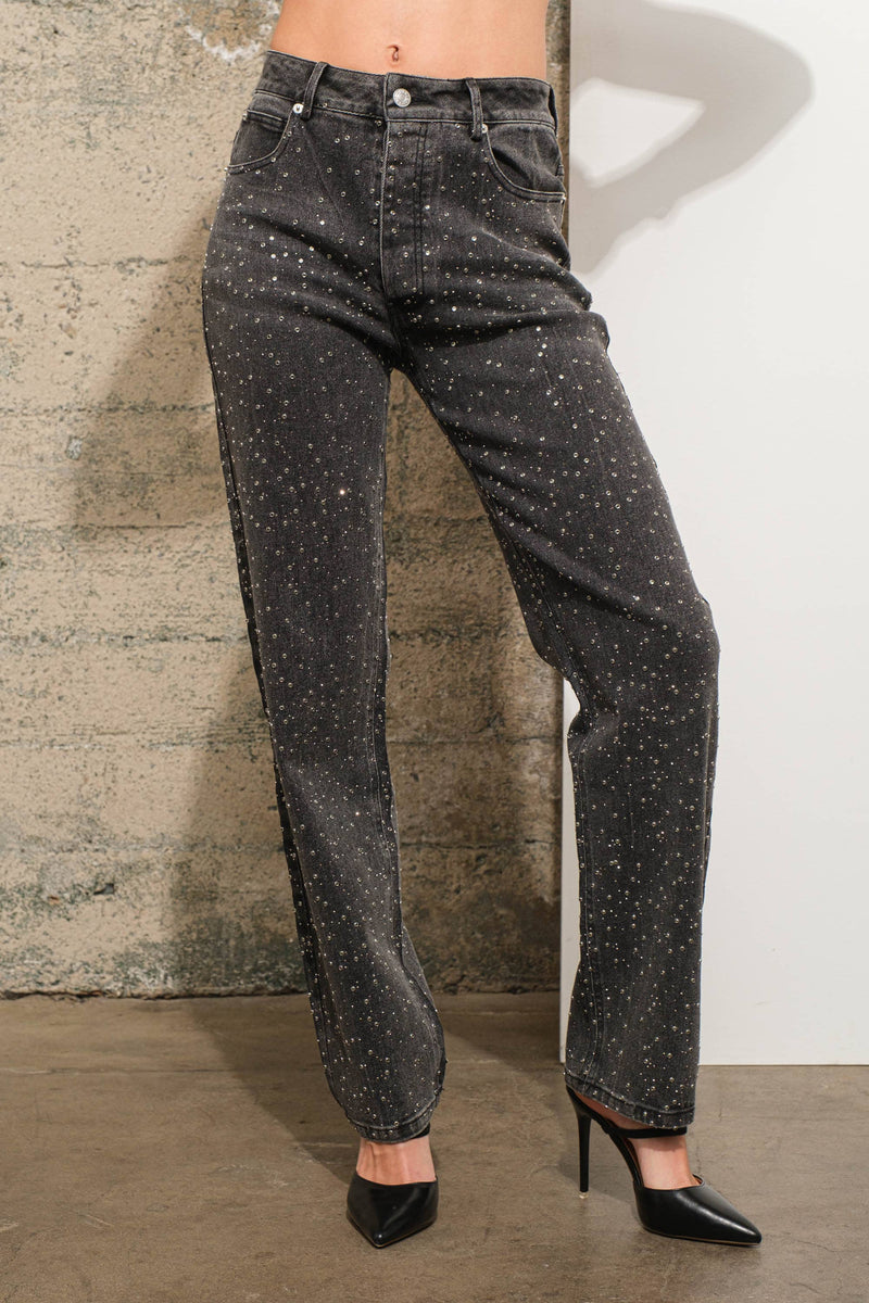 Rhinestone Studded Mid Rise Denim Jeans