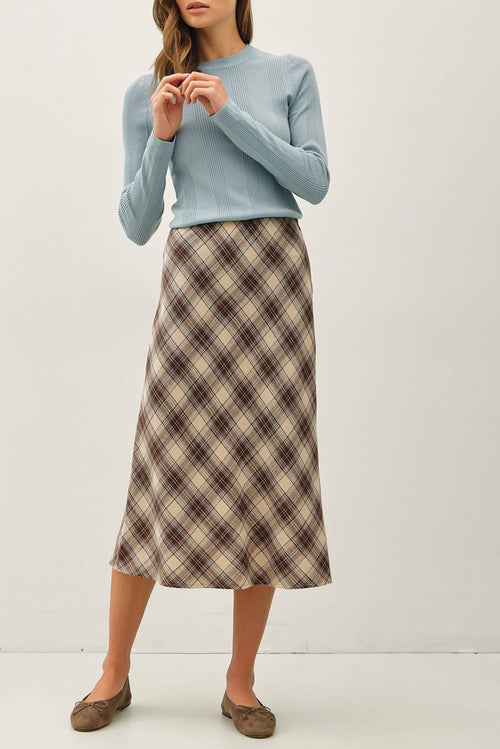 Brown Irish Plaid Print Midi Skirt