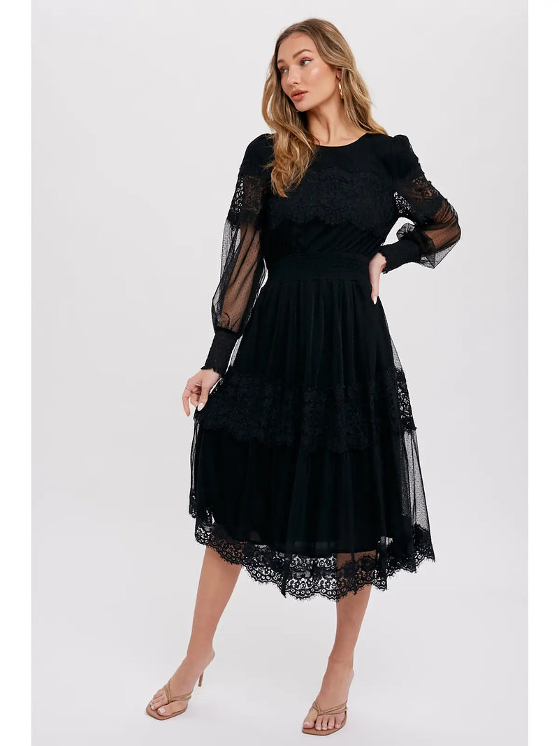 Lace Trim Mesh Midi Dress