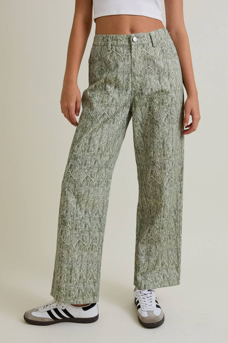 Mid-Rise Tree Camo Pattern Wide Leg Pants