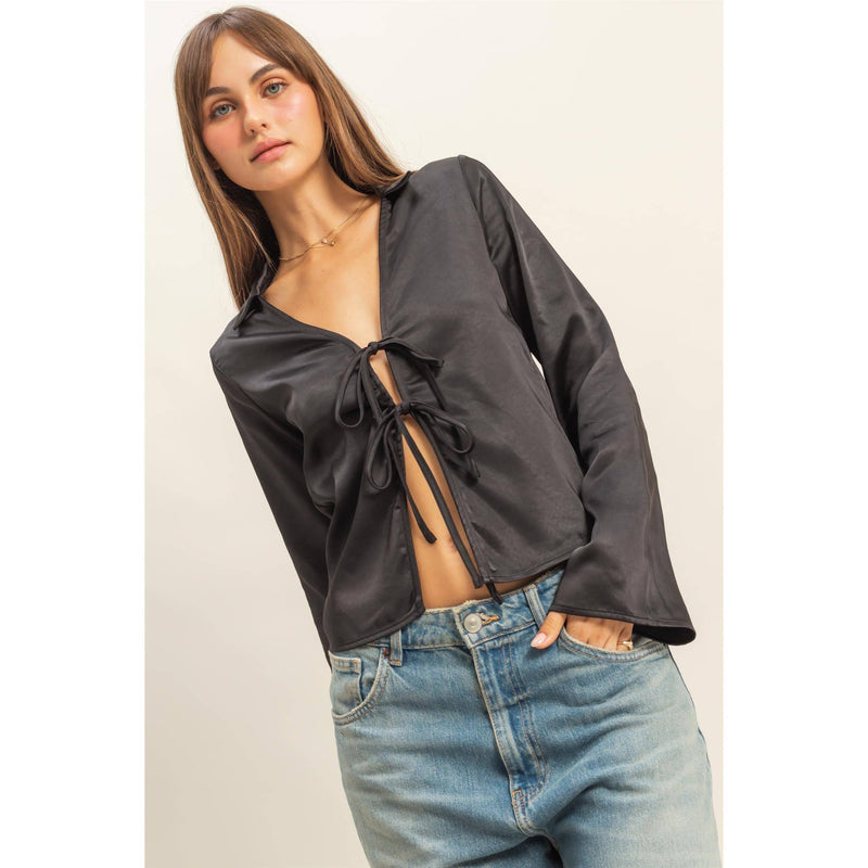 Black Satin Tie-Front Blouse