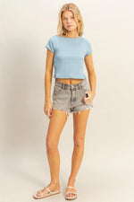 Light Blue Textured Short Sleeve Lettuce Trim Top