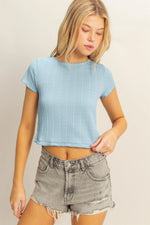 Light Blue Textured Short Sleeve Lettuce Trim Top