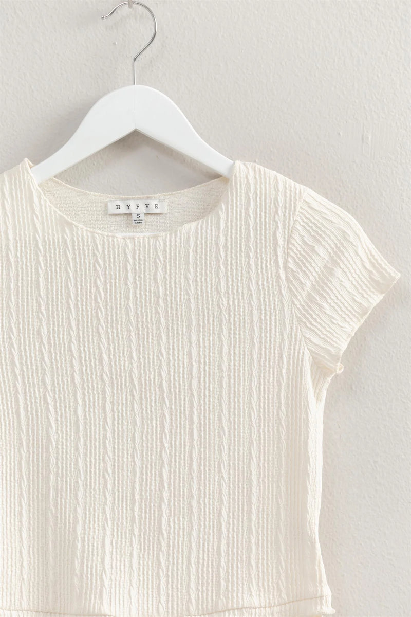 Ivory Textured Short Sleeve Lettuce Trim Top