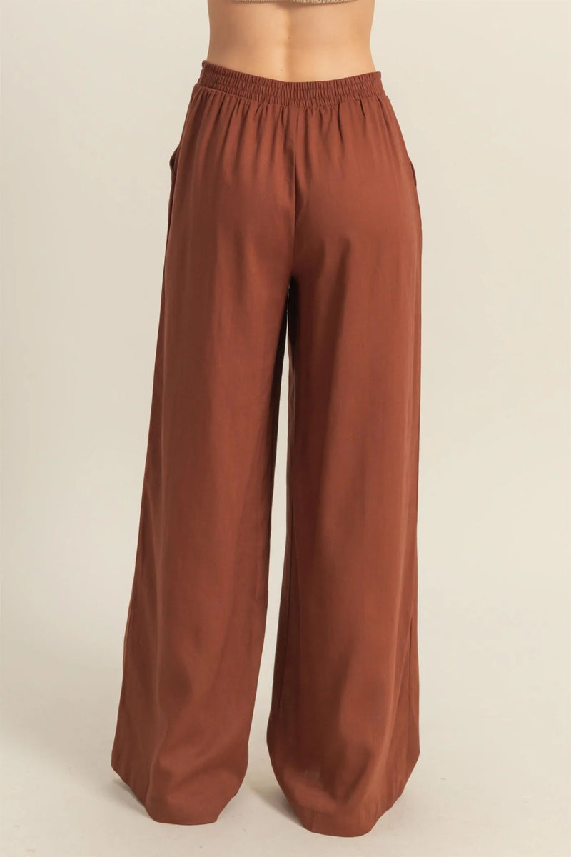 Chocolate Brown Elasticized Waist Linen Pants