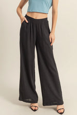 Black Elasticized Waist Linen Pants